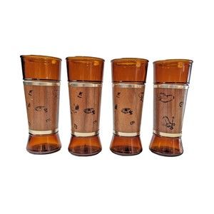 VTG Siesta Ware Tumbler Glasses‎ Walnut Veneer Jacket Set 4 Cowboy Ranch Brands